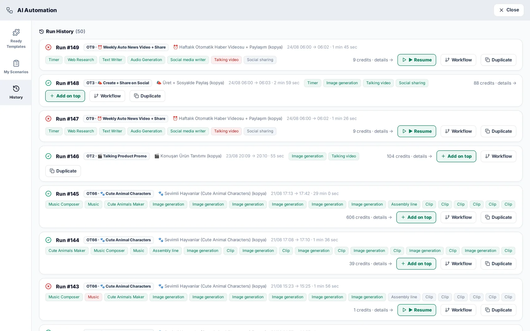 Run history with outputs and cost per run.