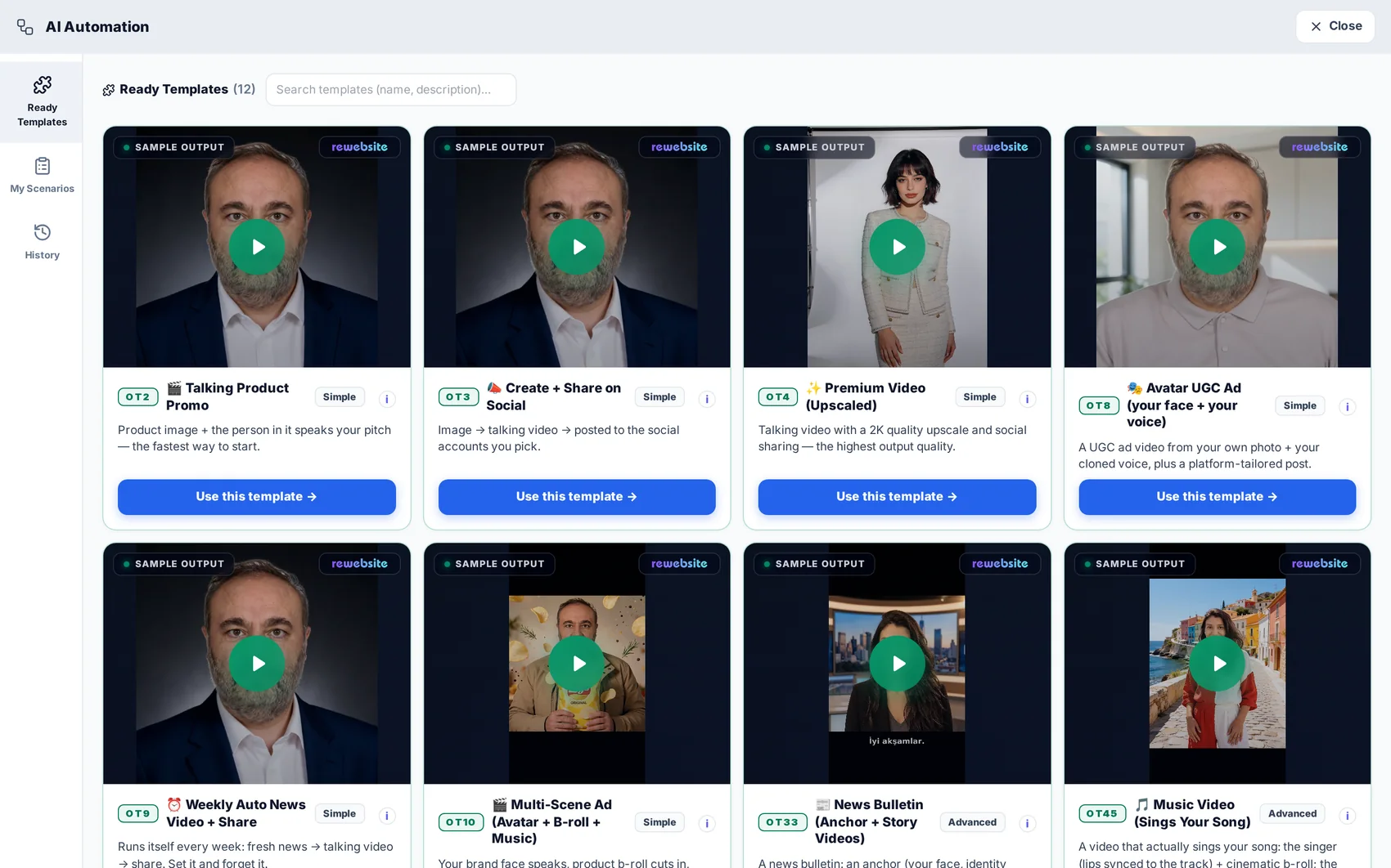 AI Automation ready scenario templates, each with a sample output video