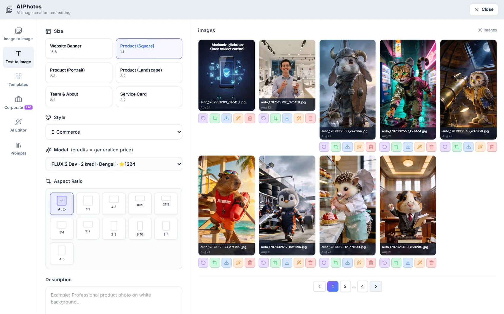 Describe it, set the format, generate — cost visible before you spend.