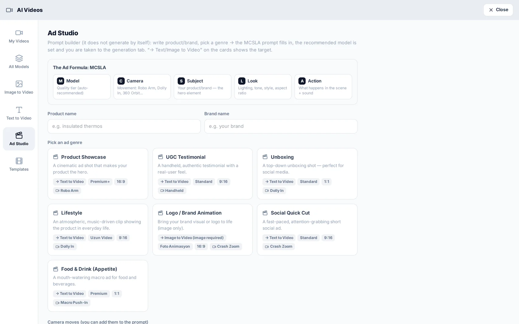 Ad Studio: the ad structure, filled with your product and message.