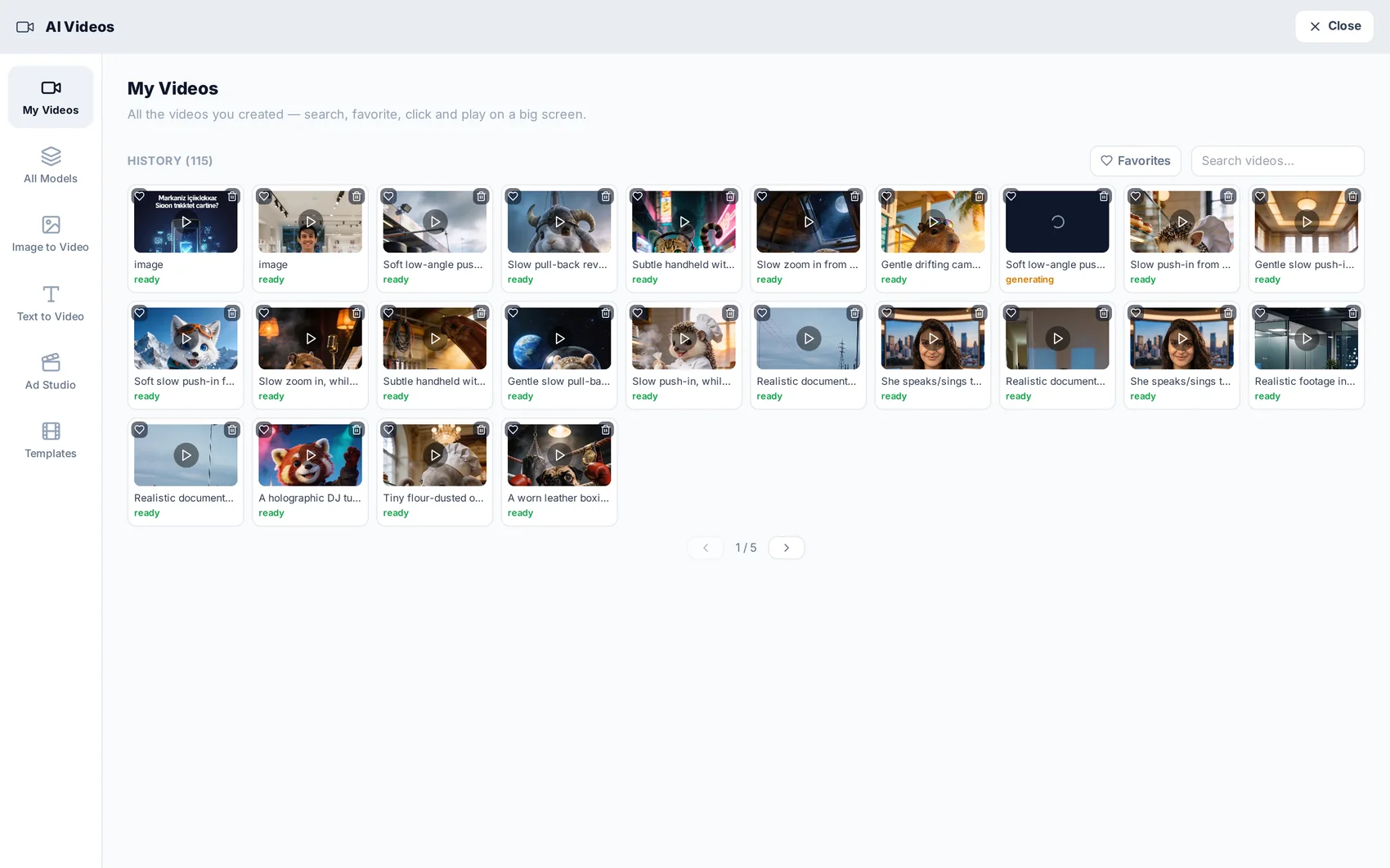 Your video library, with every generation and its settings kept.