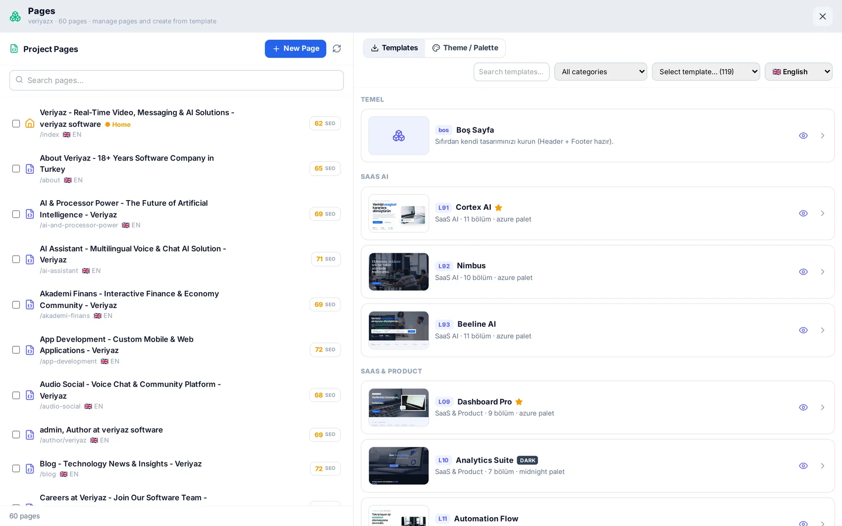 Every page in one list, with the template library one click away.